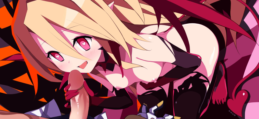 1boy 1girl absurdres ass blonde_hair bow breasts demon_girl demon_tail disgaea disgaea_rpg elbow_gloves flonne flonne_(fallen_angel) from_above gloves heart heart-shaped_pupils heart_tail hetero highres imminent_fellatio kneeling long_hair makai_senki_disgaea nanozenzen nipples pointy_ears red_eyes small_breasts symbol-shaped_pupils tail tail_bow tail_ornament thighhighs uncensored wings