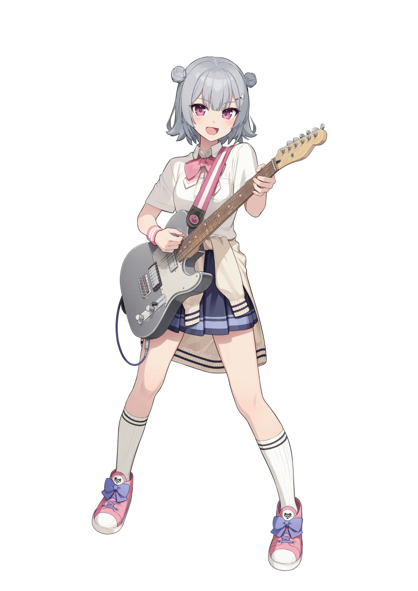 1girl absurdres blue_skirt bow bowtie breast_pocket breasts cevio clothes_around_waist collared_shirt double_bun electric_guitar full_body grey_hair guitar hair_bun hair_ornament hairclip highres holding holding_instrument holding_plectrum instrument kaito_(k4itoh) kneehighs koharu_rikka legs_apart light_blush looking_at_viewer open_mouth pink_bow pink_bowtie pink_eyes pink_footwear pleated_skirt plectrum pocket second-party_source shirt shirt_tucked_in shoes short_hair short_sleeves skirt small_breasts smile sneakers socks solo standing sweatband synthesizer_v transparent_background white_shirt white_socks
