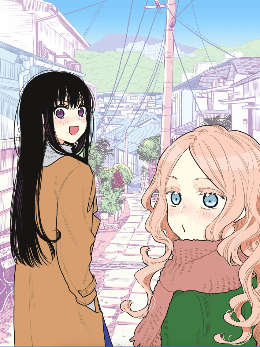 2girls black_hair blue_eyes blush brown_coat brown_scarf building coat commentary_request curly_hair forest futari_escape green_coat hands_in_pockets highres kouhai_(futari_escape) long_hair long_sleeves looking_at_viewer mountainous_horizon multiple_girls nature open_mouth outdoors pink_hair power_lines purple_eyes scarf senpai_(futari_escape) taguchi_shouichi utility_pole