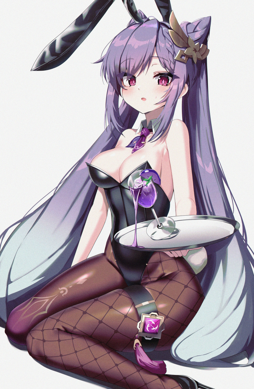 1girl absurdres animal_ears bare_shoulders black_hairband black_leotard blush braid breasts brown_pantyhose cleavage commentary cone_hair_bun drink fishnet_pantyhose fishnets genshin_impact grey_background hair_bun hairband highres holding holding_tray keqing_(genshin_impact) leotard looking_at_viewer medium_breasts pantyhose parted_lips playboy_bunny purple_hair rabbit_ears rabbit_tail red_eyes sidelocks simple_background sitting solo strapless strapless_leotard symbol-only_commentary tail tray twintails w.k wariza