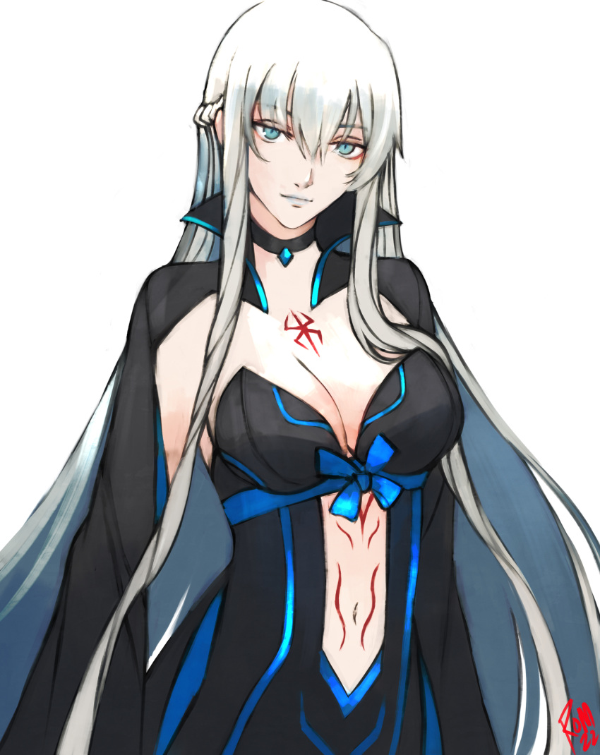 1girl black_cape black_choker black_dress blue_bow blue_eyes bodypaint bow braid breasts cape chest_bow choker cleavage clothing_cutout covered_navel cowboy_shot dress english_commentary fate/apocrypha fate/grand_order fate_(series) french_braid grey_hair hair_between_eyes highres large_breasts light_smile long_hair moedredd morgan_le_fay_(fate) mystical_high_collar navel_cutout signature solo very_long_hair white_background