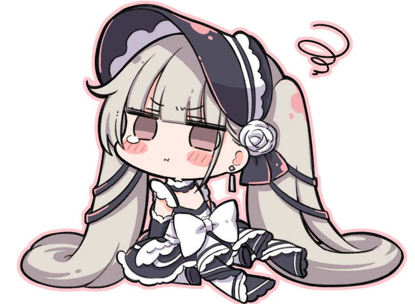 1girl :i azur_lane back_bow black_dress black_headwear blunt_bangs blush_stickers bonnet bow chibi commentary_request detached_sleeves dress earrings flower frilled_dress frills full_body grey_hair hair_flower hair_ornament jewelry little_formidable_(azur_lane) long_hair looking_at_viewer nejikirio pout rose sidelocks simple_background sitting sleeveless sleeveless_dress solo squiggle tearing_up twintails two-tone_dress two-tone_ribbon very_long_hair white_background white_bow white_flower white_rose