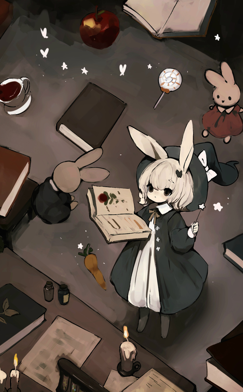1girl animal_ears black_dress blue_coat blue_headwear book bow breasts brown_footwear candle candy cat_ears coat commentary cup dress empty_eyes floating floating_object food full_body hat hat_bow highres holding holding_book holding_wand lollipop long_sleeves magic muted_color open_book open_clothes open_coat original rabbit_ears rabbit_girl red_dress red_eyes saucer shirokujira sketch solo star_(symbol) star_wand stuffed_animal stuffed_rabbit stuffed_toy tea teacup wand white_bow white_dress white_hair witch_hat