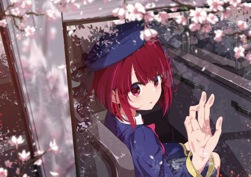 1girl absurdres arima_kana beret black_bow blackwhite_wind blue_headwear blue_jacket bow bus cherry_blossoms collared_shirt commentary_request grey_skirt hand_on_glass hat highres jacket long_sleeves motor_vehicle oshi_no_ko parted_lips pink_bow red_eyes red_hair school_uniform shirt short_hair skirt solo white_shirt