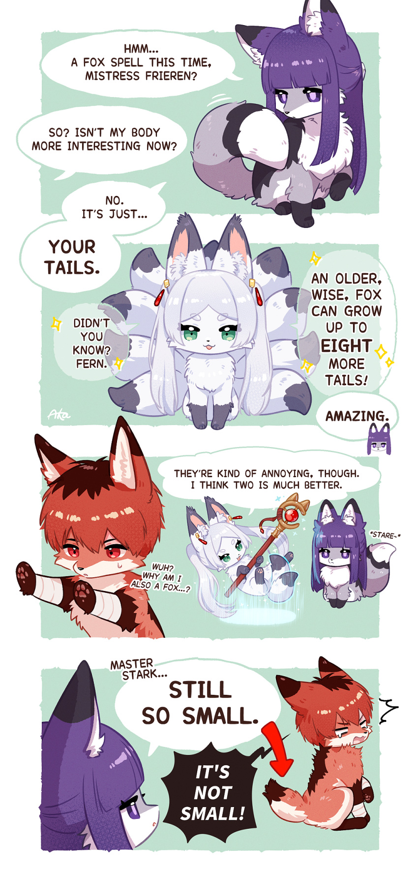 canid canine comic dialogue english_text female feral feralized fern_(frieren) fox frieren frieren_beyond_journey's_end fur group hair hi_res holding_object holding_staff male mammal missaka multi_tail multicolored_body multicolored_fur purple_hair red_hair staff stark_(frieren) tail text trio