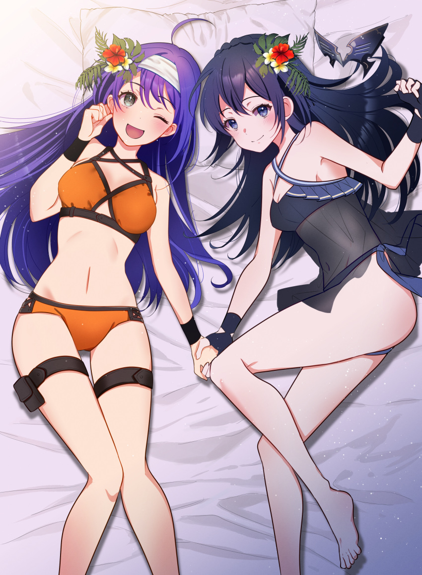 2girls :d absurdres ahoge azusa_(azchemist63) bare_legs bare_shoulders bed bikini blue_bikini blue_eyes blue_hair breasts cleavage closed_mouth fingerless_gloves fire_emblem fire_emblem:_path_of_radiance fire_emblem:_radiant_dawn fire_emblem_awakening fire_emblem_heroes flower gloves green_eyes hair_flower hair_ornament hairband headband hibiscus highres holding_hands long_hair looking_at_viewer lucina_(fire_emblem) lucina_(summer)_(fire_emblem) lying marth_(fire_emblem_awakening) mask medium_breasts mia_(fire_emblem) mia_(summer)_(fire_emblem) multiple_girls navel official_alternate_costume open_mouth orange_bikini orange_flower purple_hair see-through small_breasts smile swimsuit thigh_strap white_hairband white_headband yuri