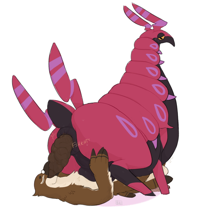 anthro anus avian balls big_butt bird butt duo eating_feces feces feral generation_5_pokemon genitals hi_res huge_butt male male/male nintendo pokemon pokemon_(species) pooping puffy_anus scat scolipede stinkybuns