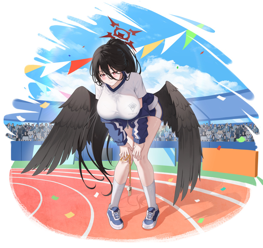 6+others absurdres black_hair black_wings blue_archive blue_buruma blue_footwear blush breasts buruma closed_mouth feathered_wings halo hasumi_(blue_archive) hasumi_(track)_(blue_archive) highres kind1516 large_breasts long_hair mole mole_under_eye multiple_others red_eyes red_halo shirt shoes short_sleeves standing very_long_hair whistle white_shirt wings
