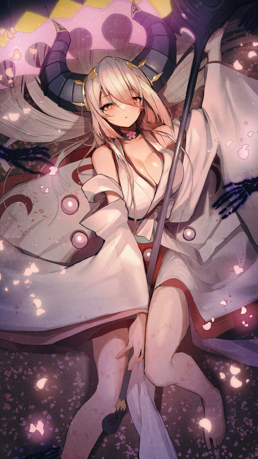 1girl absurdres bare_shoulders breasts choker cleavage detached_sleeves duel_monster foot_out_of_frame grey_hair highres holding holding_scythe horns japanese_clothes large_breasts long_hair lying on_back on_ground red_eyes ro_g_(oowack) scythe slit_pupils solo terrors_of_the_netherroot wide_sleeves yu-gi-oh!