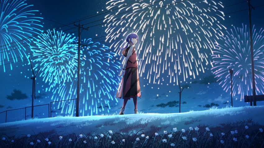 1girl absurdres aerial_fireworks anyotete arms_behind_back black_jacket black_skirt brown_hair cloud diamond_earrings earrings fence fireworks highres hood hooded_jacket jacket jewelry kamitsubaki_studio medium_hair multicolored_clothes multicolored_jacket multicolored_skirt night night_sky orange_eyes outdoors power_lines red_jacket red_skirt rim_(kamitsubaki_studio) sidelocks skirt sky sleeveless sleeveless_jacket solo utility_pole wind_turbine