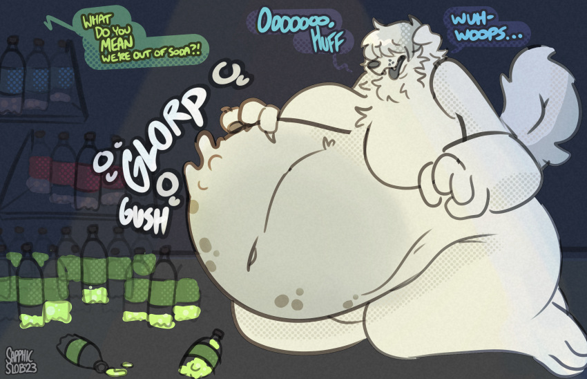 anthro belly beverage bloated canid canine canis domestic_dog drinking expansion floppy_ears hi_res mammal overweight rumbling_stomach sapphicslob soda tongue tongue_out weight_gain