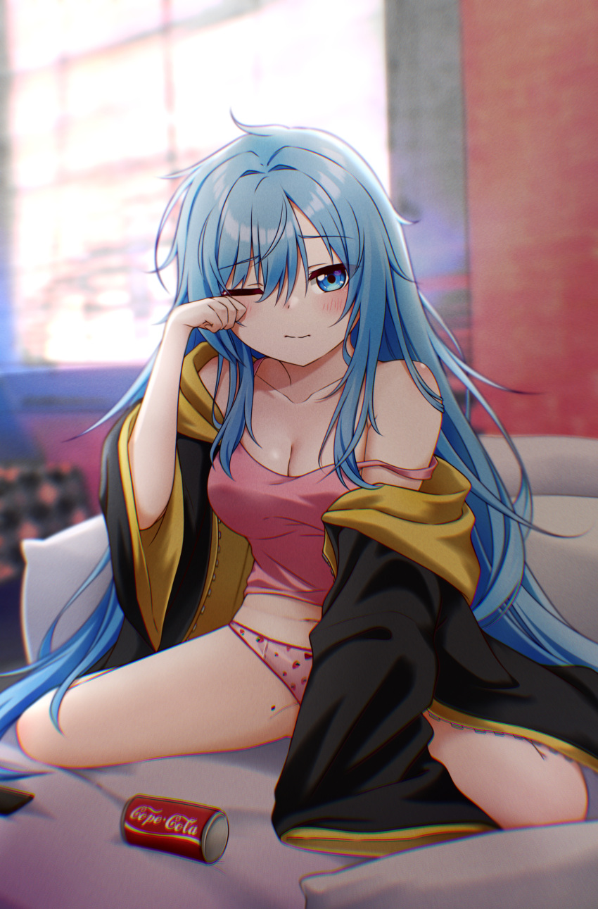1girl absurdres blue_eyes blue_hair blush brand_name_imitation breasts can cleavage closed_mouth coca-cola elie_wayne highres jacket jan_azure large_breasts long_hair long_sleeves looking_at_viewer mole mole_on_thigh off_shoulder one_eye_closed original panties pillow pink_panties pink_tank_top rubbing_eyes sitting solo strap_slip tank_top underwear wariza window