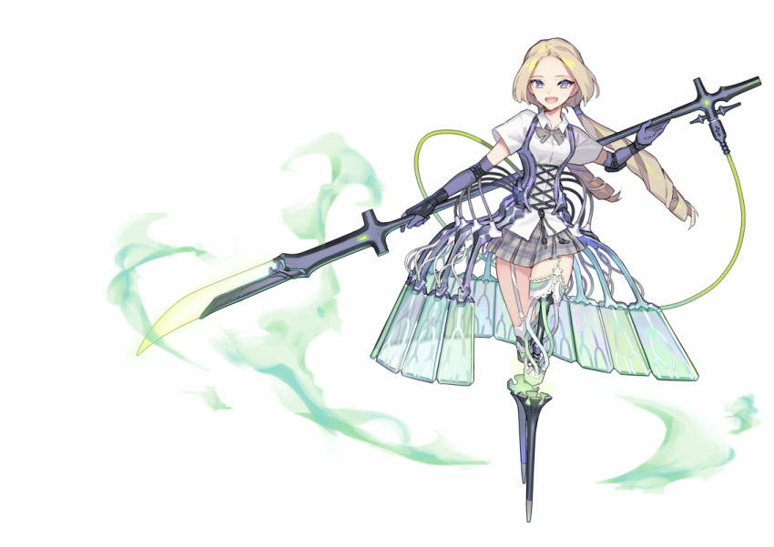 1girl android arm_guards aura blonde_hair bow bowtie bustier cable collared_shirt crinoline cross-laced_clothes drill_hair elbow_gloves full_body garter_straps gloves glowing glowing_weapon grey_bow grey_bowtie grey_skirt holding holding_polearm holding_weapon long_hair looking_at_viewer low_twintails mechanical_legs miniskirt naginata original parted_bangs plaid plaid_skirt pleated_skirt polearm pota_(bluegutty) purple_eyes purple_gloves shirt short_sleeves simple_background skirt solo star_(symbol) thighlet twin_drills twintails untucked_shirt weapon white_background white_shirt