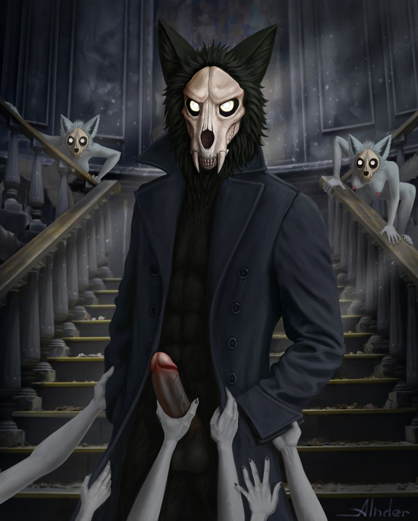 anthro artist_alnder bone canid canine canis domestic_dog dream female genitals hi_res invalid_tag male male/female mammal masturbation nightmare penis scared skull skull_dog teeth