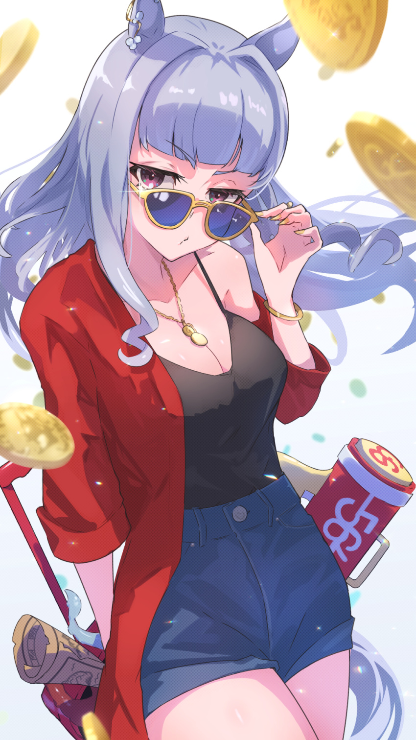 1girl adapted_costume adjusting_eyewear alternate_costume animal_ears black_shirt bracelet breasts cleavage commentary_request cowboy_shot denim denim_shorts ear_ornament gold_ship_(run_revolt_launcher)_(umamusume) gold_ship_(umamusume) grey_hair highres horse_ears horse_girl horse_tail jacket jewelry long_hair long_sleeves looking_at_viewer medium_breasts necklace open_clothes open_jacket purple_eyes red_jacket shirt shorts simple_background solo sparkle suitcase sunglasses super_smashing_summer_vacation_(umamusume) tail umamusume very_long_hair water_gun white_background yakousei_a