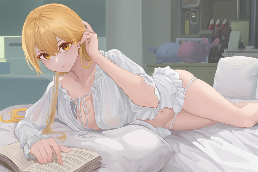 1girl bed_sheet blonde_hair book breasts chinese_commentary closed_mouth collarbone commentary_request girls'_frontline girls'_frontline_2:_exilium hair_tucking indoors large_breasts long_hair long_sleeves looking_at_viewer lying moran_(pixiv27824646) navel no_bra on_bed on_side open_book ots-14_(girls'_frontline) panties pillow skirt smile solo stuffed_animal stuffed_toy underwear white_panties white_skirt yellow_eyes