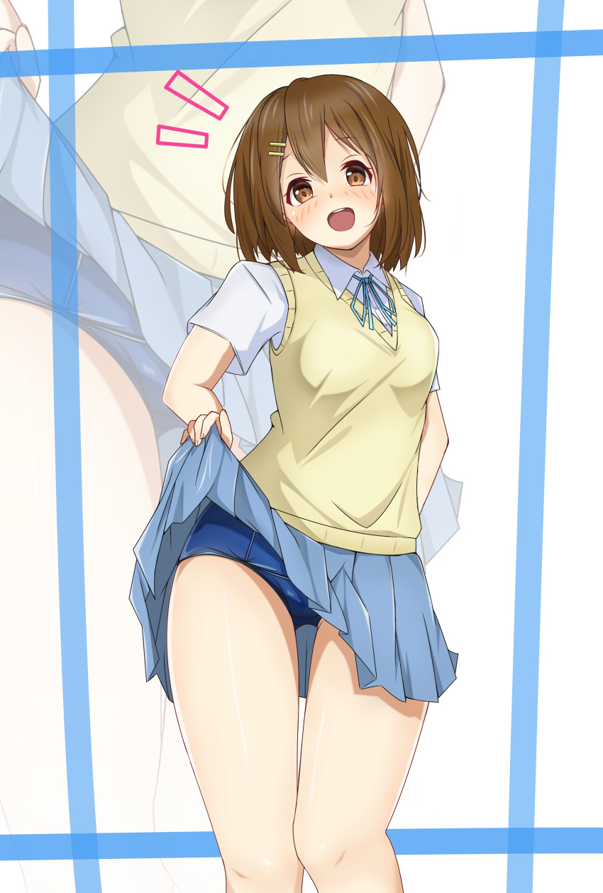 1girl ^^^ absurdres ass_visible_through_thighs blue_one-piece_swimsuit blue_ribbon blue_skirt brown_eyes brown_hair clothes_lift collared_shirt dress_shirt feet_out_of_frame highres hirasawa_yui k-on! looking_at_viewer neck_ribbon old_school_swimsuit one-piece_swimsuit open_mouth ribbon round_teeth sakuragaoka_high_school_uniform school_swimsuit school_uniform shirt short_hair skirt skirt_lift solo standing swimsuit swimsuit_under_clothes teeth upper_teeth_only vest white_background white_shirt yasuc yellow_vest zoom_layer