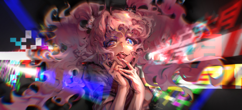 1girl absurdres bear_hair_ornament black_shirt blue_eyes breasts crowlala_(wine_nausea) danganronpa:_trigger_happy_havoc danganronpa_(series) enoshima_junko hair_ornament hands_up heart heart-shaped_pupils highres licking licking_finger long_hair medium_breasts messy_hair multicolored_background pink_hair red_eyes red_nails shirt short_sleeves smile solo symbol-shaped_pupils teeth tongue tongue_out twintails upper_body upper_teeth_only