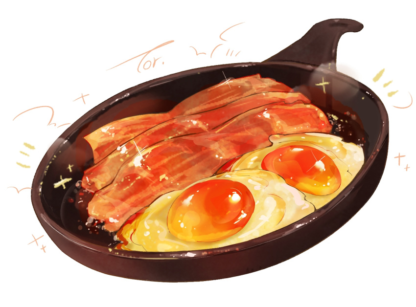 bacon cooking food food_focus fried_egg frying_pan no_humans original simple_background sparkle still_life torianco3 white_background