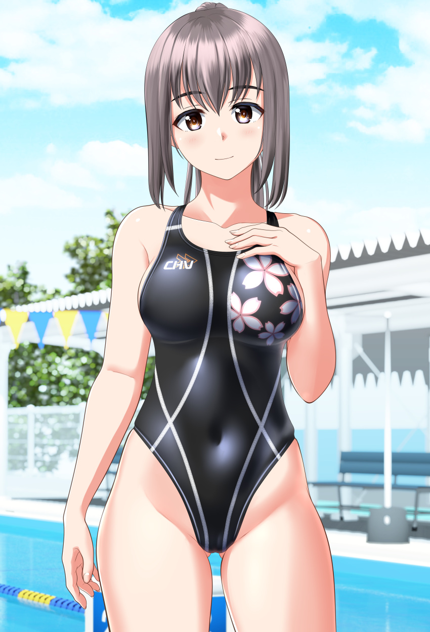1girl absurdres ass_visible_through_thighs black_one-piece_swimsuit blue_sky breasts brown_eyes closed_mouth cloud commentary_request contrapposto covered_navel cowboy_shot day floral_print grey_hair groin hand_on_own_chest highleg highleg_swimsuit highres lane_line long_hair looking_at_viewer medium_breasts one-piece_swimsuit original outdoors pool sidelocks sky solo swimsuit takafumi