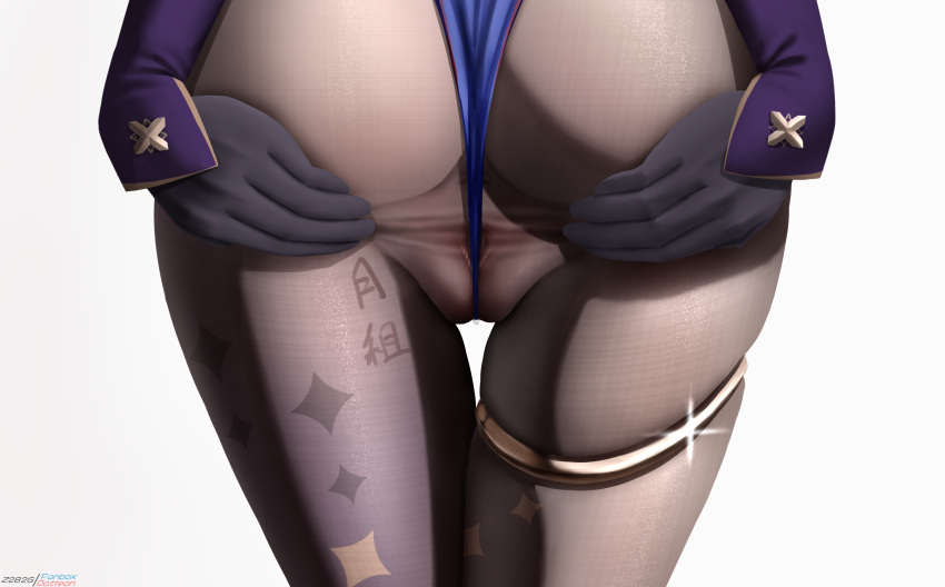 1girl ass black_gloves black_pantyhose blue_leotard blue_sleeves commentary_request from_behind genshin_impact gloves highres leotard lower_body mona_(genshin_impact) pantyhose solo sparkle spread_pussy_under_clothes tally thighlet thighs white_background z282g