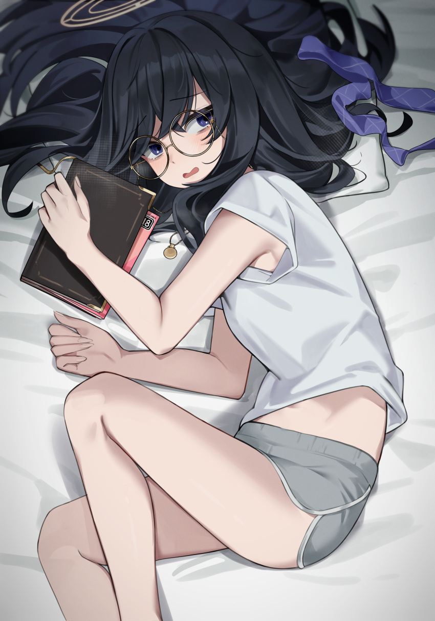 1girl absurdres bags_under_eyes bare_legs black_hair blue_archive blue_eyes blue_hairband book caught dolphin_shorts feet_out_of_frame glasses grey_shorts hair_between_eyes hairband halo highres holding holding_book knee_up legs long_hair looking_at_viewer lying midriff_peek on_bed on_side open_mouth pillow pornography round_eyewear shirt short_shorts shorts solo ui_(blue_archive) wakamepiza white_shirt