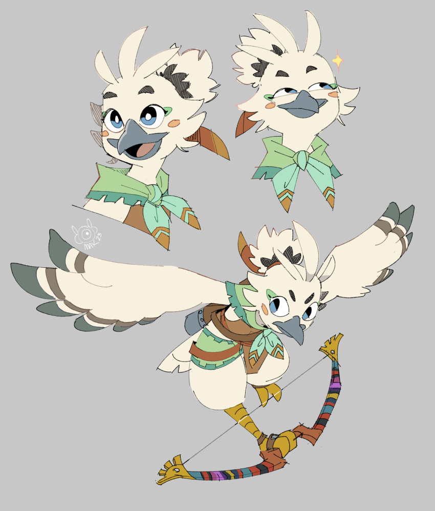 absurd_res anthro avian beak bird blue_eyes blush bow_(weapon) deusexmakena feathers flying hi_res male multiple_images nintendo ranged_weapon rito smug solo talons tears_of_the_kingdom the_legend_of_zelda tulin_(zelda) weapon white_body white_feathers wings young