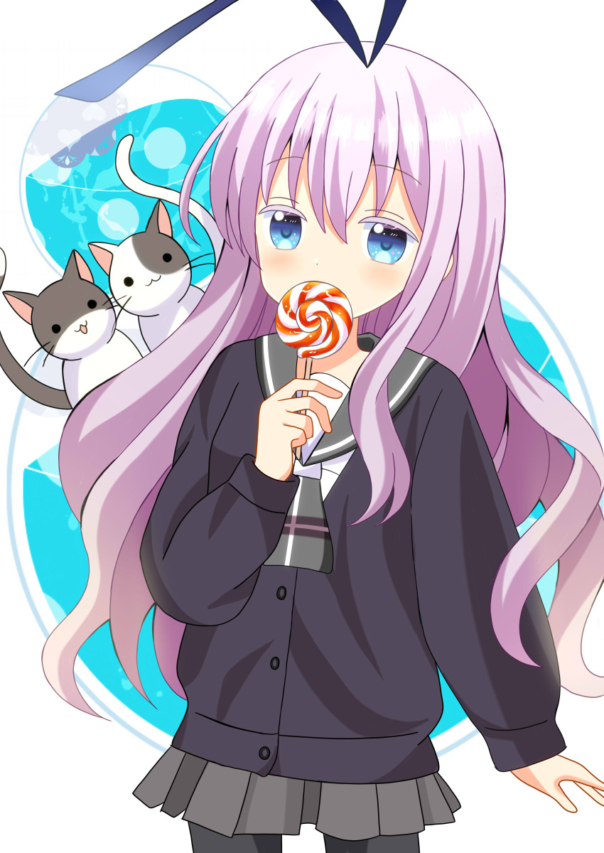 1girl absurdres animal black_cardigan black_pantyhose blue_eyes blush candy cardigan cat food grey_sailor_collar grey_skirt hair_between_eyes highres holding holding_candy holding_food holding_lollipop light_purple_hair lollipop long_hair long_sleeves pantyhose pleated_skirt ryoutan sailor_collar school_uniform sengoku_kamuri serafuku skirt slow_start solo