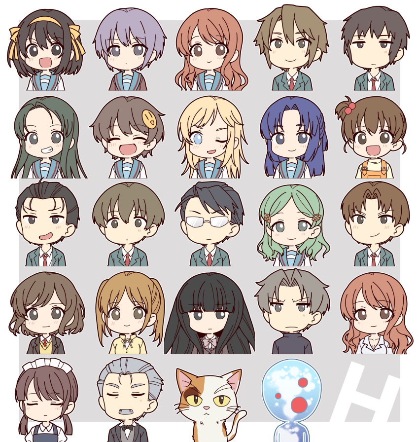 6+boys 6+girls :d arakawa_(suzumiya_haruhi) asahina_mikuru asahina_mikuru_(adult) asakura_ryouko black_eyes black_hair black_jacket blazer blue_eyes blue_hair blue_sailor_collar blunt_bangs blush border brown_cardigan brown_eyes brown_hair brown_jacket butler calico cardigan cat celestial_(suzumiya_haruhi) closed_eyes closed_mouth collared_shirt commentary_request computer_club_president_(suzumiya_haruhi) everyone fujiwara_(suzumiya_haruhi) green_eyes green_hair green_jacket grey_background grey_eyes h hair_between_eyes hair_ribbon hairband highres jacket kimidori_emiri kita_high_school_uniform koizumi_itsuki kouyouen_academy_school_uniform kunikida_(suzumiya_haruhi) kyon kyon's_sister long_hair maid maid_headdress mori_sonou multiple_boys multiple_girls nagato_yuki necktie one_eye_closed open_clothes open_jacket open_mouth orange_hair parted_bangs purple_hair ribbon sailor_collar sasaki_(suzumiya_haruhi) school_uniform serafuku shamisen_(suzumiya_haruhi) shirt short_hair side_ponytail simple_background smile student_council_president_(suzumiya_haruhi) suou_kuyou suzumiya_haruhi suzumiya_haruhi_no_yuuutsu sweater_vest t_(suzumiya_haruhi) tachibana_kyouko taiki_(6240taiki) taniguchi_(suzumiya_haruhi) teeth tsuruya twintails upper_body watahashi_yasumi white_border white_shirt winter_uniform yellow_hairband yellow_ribbon yellow_sweater_vest