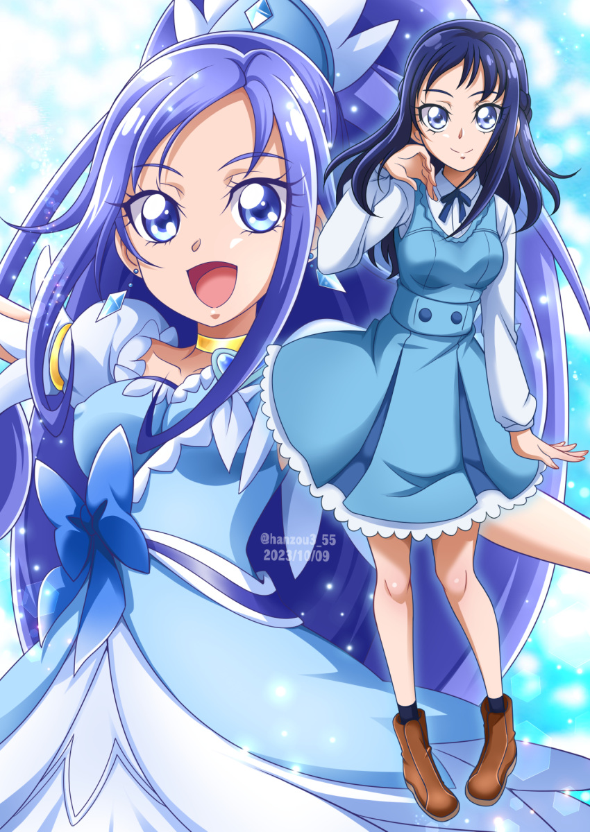 blue_background blue_bow blue_dress blue_eyes blue_hair blue_theme blush boots bow bracelet breasts brooch choker collared_shirt crystal_earrings cure_diamond dated dokidoki!_precure dress dual_persona earrings hair_ornament hanzou heart heart_brooch high_ponytail highres hishikawa_rikka jewelry long_hair magical_girl neckerchief open_mouth ponytail precure shirt short_sleeves sleeveless sleeveless_dress small_breasts smile tiara twitter_username waist_bow white_shirt wide_ponytail yellow_choker