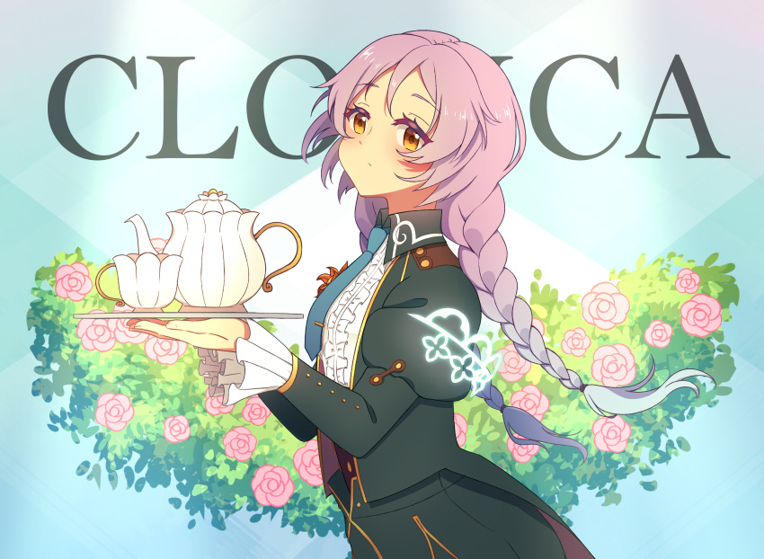 1girl absurdres braid character_name clorica_(rune_factory) cup english_text flower frills highres holding holding_tray long_hair long_sleeves looking_at_viewer necktie pocchan purple_hair rune_factory rune_factory_4 solo teacup teapot tray twin_braids yellow_eyes