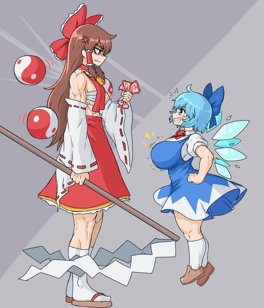 2girls abs ahoge anger_vein arm_at_side ascot bandages bare_shoulders blue_bow blue_dress blue_eyes blue_hair bow bowtie breast_envy breasts budget_sarashi chest_sarashi cirno crushing detached_sleeves detached_wings dress english_commentary floating from_side full_body gohei grin hair_bow hair_tubes hakurei_reimu hand_on_own_hip hand_up height_difference highres holding holding_gohei ice ice_wings impossible_clothes impossible_dress japanese_clothes long_hair looking_at_another medium_dress medium_skirt multiple_girls muscular muscular_female ofuda okobo oonusa orb red_bow red_bowtie red_skirt ribbon-trimmed_sleeves ribbon_trim sarashi sheepapp shirt shoes short_sleeves skirt skirt_set smile socks standing stomach touhou v-shaped_eyebrows very_long_hair white_shirt wide_sleeves wings yellow_ascot yin_yang yin_yang_orb