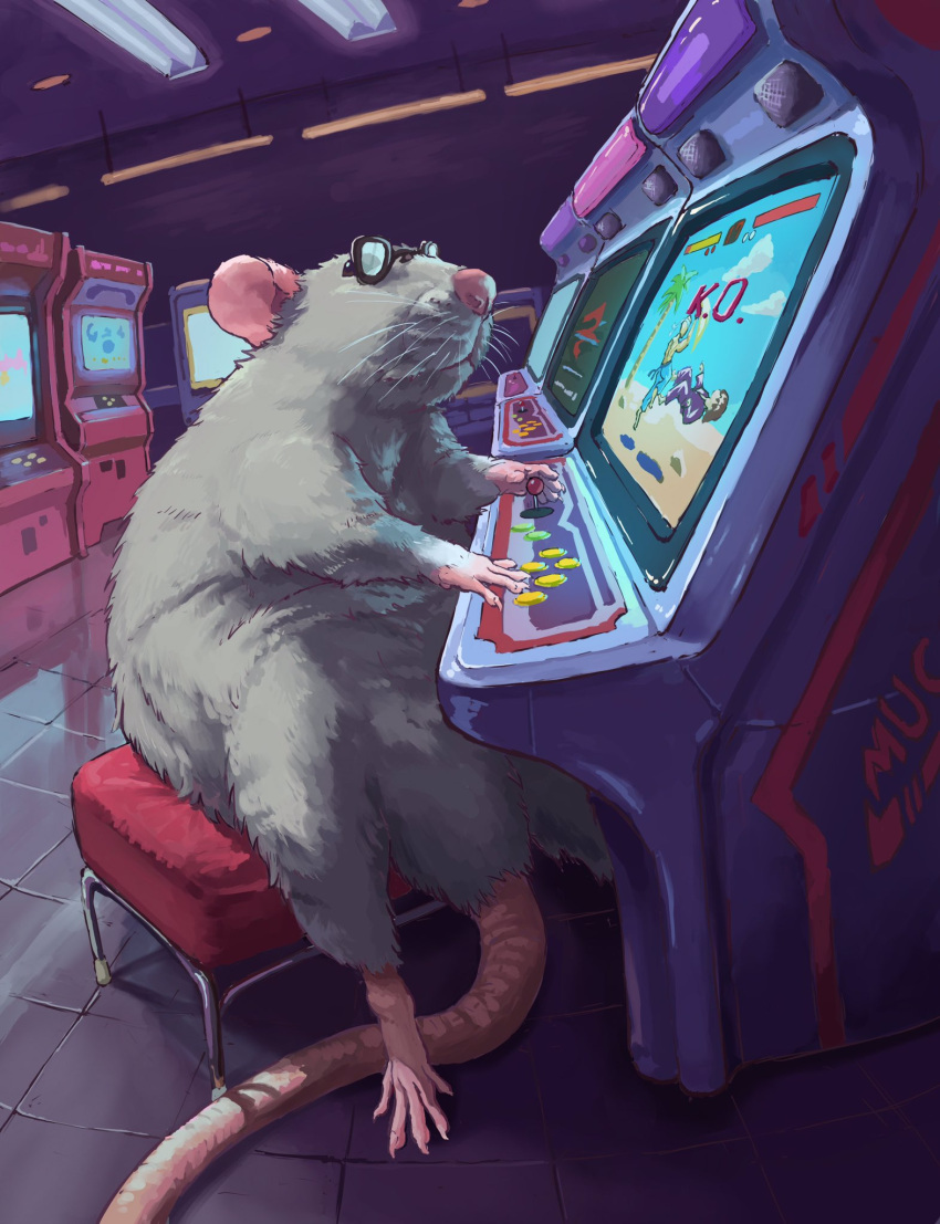 2023 5_toes arcade arcade_machine biped detailed_background eyewear feet feral fur gaming glasses grey_body grey_fur hi_res inside mammal murid murine nejumipro pink_nose playing_videogame rat rodent sitting solo toes