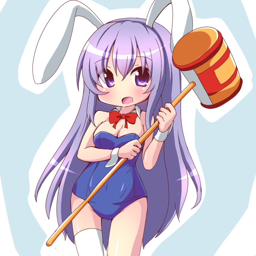 1girl animal_ears asymmetrical_legwear bare_arms bare_shoulders blush breasts cleavage covered_navel erina_(rabi-ribi) geo_(yukishitadou) hammer highres holding holding_hammer leotard long_hair medium_breasts open_mouth piko_piko_hammer playboy_bunny purple_eyes purple_hair purple_leotard rabbit_ears rabi-ribi single_thighhigh solo thighhighs very_long_hair white_thighhighs white_wrist_cuffs