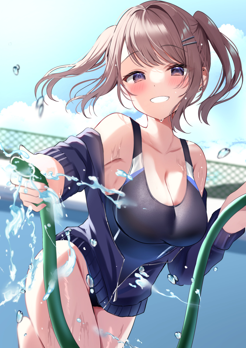 1girl black_jacket black_one-piece_swimsuit blue_sky blush breasts brown_eyes brown_hair chain-link_fence cleavage cloud collarbone competition_swimsuit day empty_pool fence grin hamico highres holding holding_hose hose jacket looking_at_viewer medium_breasts one-piece_swimsuit original outdoors pool school_uniform short_twintails sky smile standing swimsuit twintails water water_drop