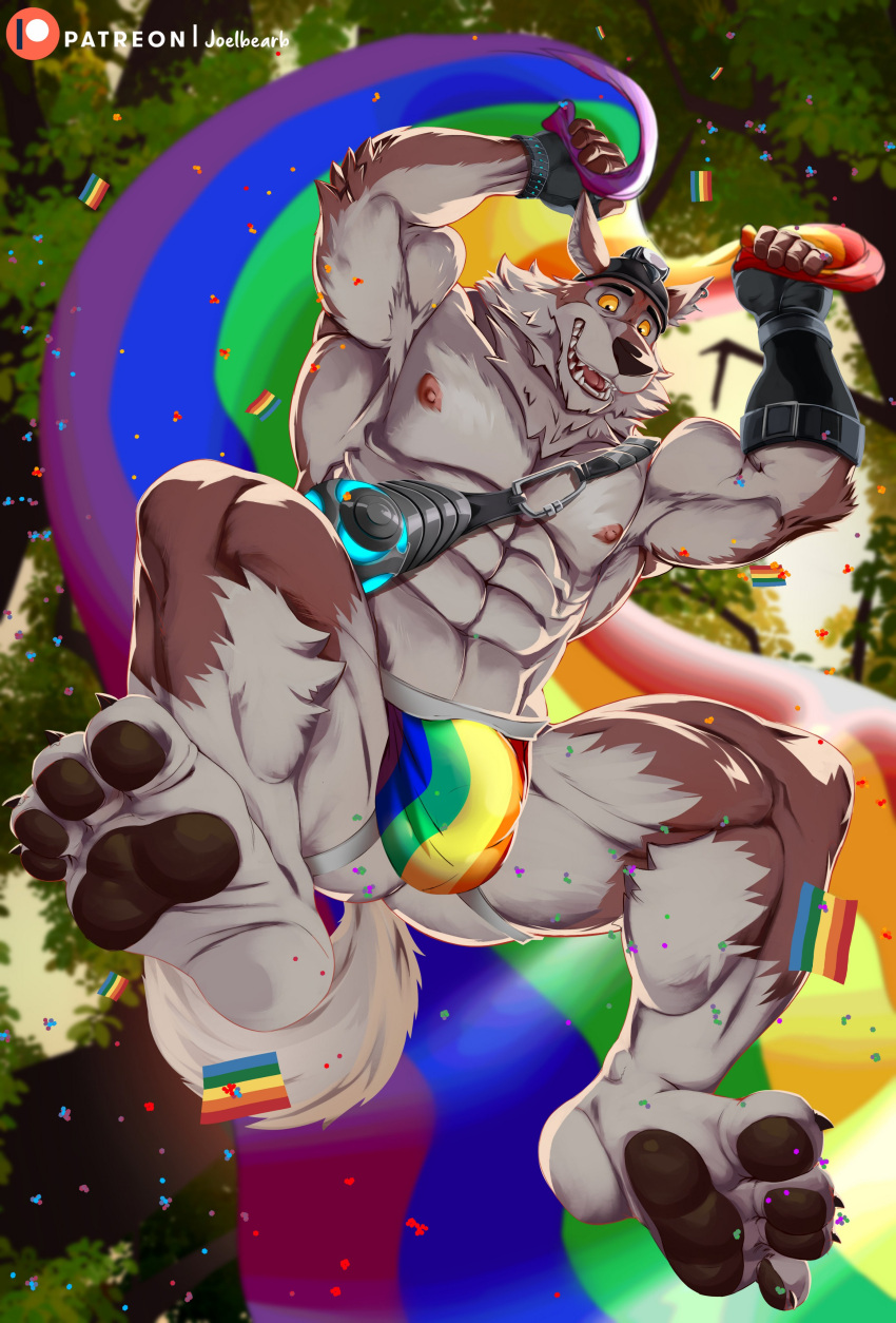 2023 abs absurd_res anthro armband barazoku barefoot bent_legs biceps big_bulge big_muscles bracelet bulge canid canine canis claws clothed clothing confetti detailed_bulge epic_games eyebrows feet fingerless_gloves flag fortnite fur gloves handwear hat headgear headwear hi_res holding_flag holding_object huge_muscles jewelry jockstrap jockstrap_only joelbearb jumping lgbt_history_month lgbt_pride low-angle_view male mammal muscular muscular_anthro muscular_male obliques open_mouth open_smile outside patreon pawpads pecs plant pride_color_clothing pride_color_flag pride_color_jockstrap pride_color_underwear pride_colors quads rainbow_flag rainbow_pride_colors rainbow_pride_flag rainbow_symbol serratus smile soles solo straps teeth thick_thighs tongue topless topless_anthro topless_male tree tuft underwear underwear_only wendell_(fortnite) wolf