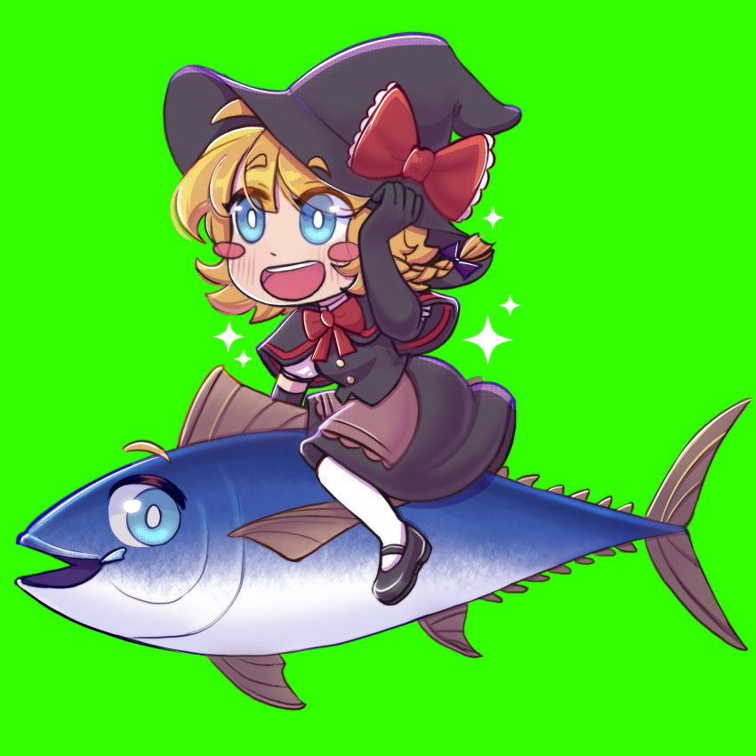 1girl absurdres apron black_capelet black_footwear black_gloves black_headwear black_skirt black_vest blonde_hair blue_eyes blush bow bowtie bright_pupils brown_apron buttons capelet chibi commentary_request cookie_(touhou) elbow_gloves eyes_visible_through_hair fish full_body gloves green_background hand_on_headwear hat hat_bow highres kirisame_marisa looking_afar mary_janes medium_bangs meguru_(cookie) mixed-language_commentary open_mouth red_bow red_bowtie ripped_colors second-party_source shoes short_hair simple_background skirt skirt_set smile solo spanish_commentary sparkle touhou tuna vest waist_apron white_pupils witch_hat