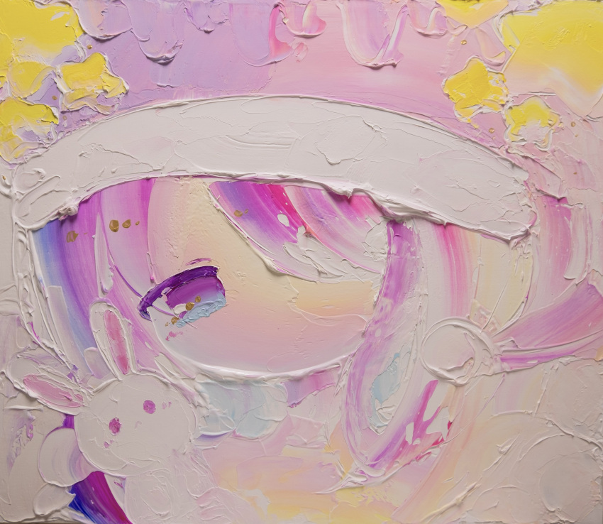 1girl absurdres acrylic_paint_(medium) commentary_request hair_over_one_eye hat highres kamisukimifu long_hair looking_at_viewer nightcap no_mouth one_eye_covered original painting_(medium) pale_skin photo_(medium) pink_headwear portrait purple_eyes purple_hair solo star_(symbol) traditional_media white_rabbit_(animal)