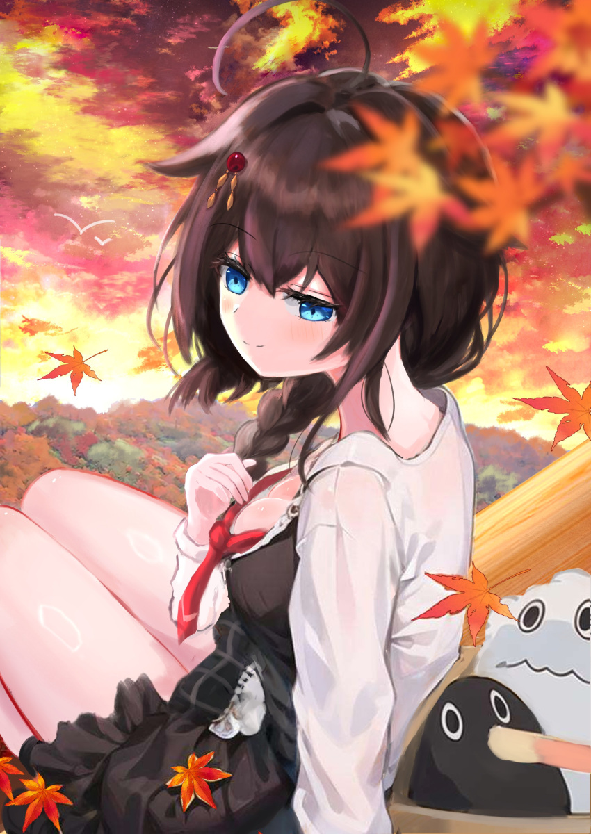 1girl absurdres ahoge autumn_leaves black_hair black_skirt blue_eyes blurry braid collared_shirt depth_of_field dress_shirt failure_penguin faster_crisis hair_flaps hair_over_shoulder highres kantai_collection miss_cloud necktie official_alternate_costume red_necktie shigure_(kancolle) shigure_kai_san_(kancolle) shirt single_braid sitting skirt solo white_shirt