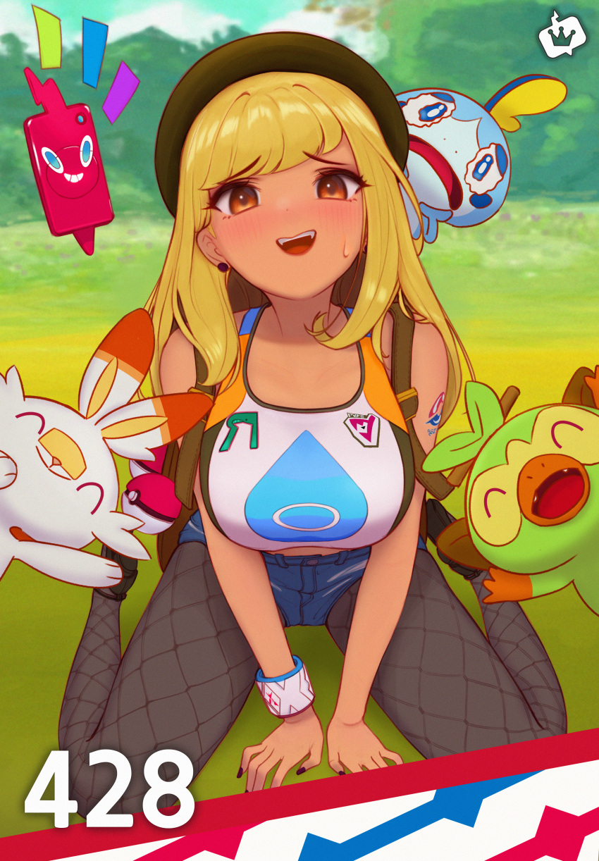 1girl absurdres alternate_costume alternate_hairstyle beret black_footwear black_nails blonde_hair blue_shorts blush breasts brown_eyes commentary day dynamax_band eyelashes fishnet_pantyhose fishnets gloria_(pokemon) grookey hat highres long_hair looking_at_viewer nail_polish nervous_smile notice_lines open_mouth outdoors pantyhose pokemon pokemon_(creature) pokemon_swsh puuun_(spnc5227) raised_eyebrows revision rotom rotom_phone scorbunny shoes shorts sitting smile sobble sports_bra starter_pokemon_trio strap sweatdrop teeth tongue trainer_card upper_teeth_only