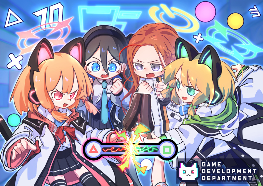 4girls animal_ear_headphones animal_ears aris_(blue_archive) black_hair blonde_hair blue_archive blue_eyes blue_necktie cat_ear_headphones double_popsicle fake_animal_ears food game_development_department_(blue_archive) green_eyes halo headphones hexaa highres holding_popsicle jacket midori_(blue_archive) momoi_(blue_archive) multiple_girls necktie open_clothes open_jacket open_mouth pink_eyes popsicle purple_eyes red_hair school_uniform siblings sisters teeth thighhighs tie_clip twins upper_teeth_only yuzu_(blue_archive)