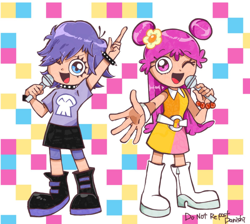 2girls arm_up artist_name bead_bracelet beads black_footwear blue_eyes boots bracelet checkered_background collar commentary danishi double_bun dress eyes_visible_through_hair flower hair_bun hair_flower hair_ornament hair_over_one_eye hi_hi_puffy_amiyumi highres holding holding_microphone index_finger_raised jewelry long_hair medium_hair microphone multiple_girls one_eye_closed oonuki_ami open_mouth pink_eyes pink_hair purple_hair signature smile spiked_bracelet spiked_collar spikes white_footwear wristband yellow_dress yoshimura_yumi