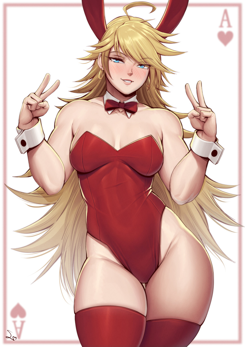 absurdres ahoge animal_ears bare_shoulders blonde_hair blue_eyes blush breasts collarbone contrapposto covered_navel cowboy_shot double_v highleg highleg_leotard highres leotard long_hair looking_at_viewer medium_breasts messy_hair panty_&amp;_stocking_with_garterbelt panty_(psg) playboy_bunny playing_card_theme rabbit_ears red_leotard red_thighhighs speedl00ver thighhighs v very_long_hair