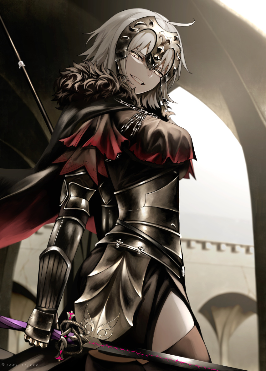 1girl absurdres armor armored_dress black_dress black_thighhighs breasts chain collar dress fate/grand_order fate_(series) faulds flag gauntlets grey_hair grin headpiece highres jeanne_d'arc_alter_(avenger)_(fate) jeanne_d'arc_alter_(fate) large_breasts looking_at_viewer metal_collar plackart polearm short_hair smile solo sumi_(gfgf_045) sword thighhighs thighs weapon yellow_eyes