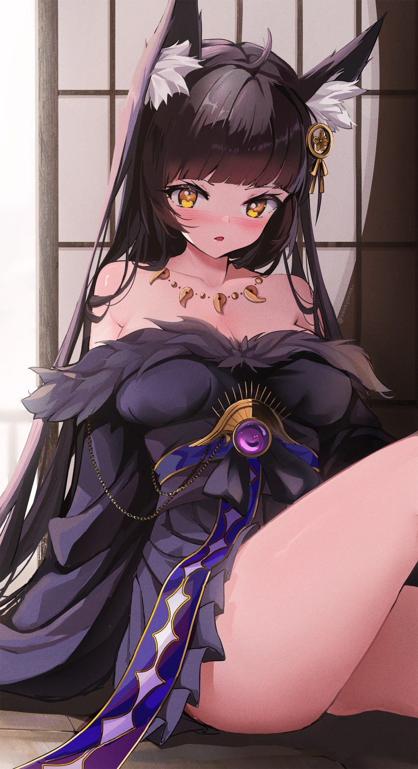 1girl absurdres ahoge animal_ear_fluff animal_ears azur_lane bare_legs bare_shoulders black_dress black_hair blush breasts collarbone dress fox_girl frilled_dress frills hair_ornament highres jewelry kana_yukino large_breasts long_hair looking_at_viewer musashi_(azur_lane) necklace no_panties open_mouth solo twitter_username yellow_eyes