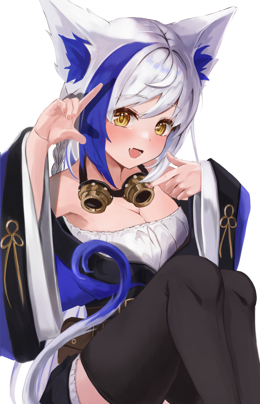 absurdres animal_ear_fluff animal_ears aomiya_yozuri black_thighhighs blue_hair blush breasts cat_ears cat_girl cat_tail cleavage commentary_request fang goggles goggles_around_neck hair_between_eyes highres knees_up looking_at_viewer medium_breasts multicolored_hair open_mouth sidelocks simple_background sitting siyara_amau skin_fang streaked_hair tail thighhighs vee_(vtuber) white_background white_hair yellow_eyes