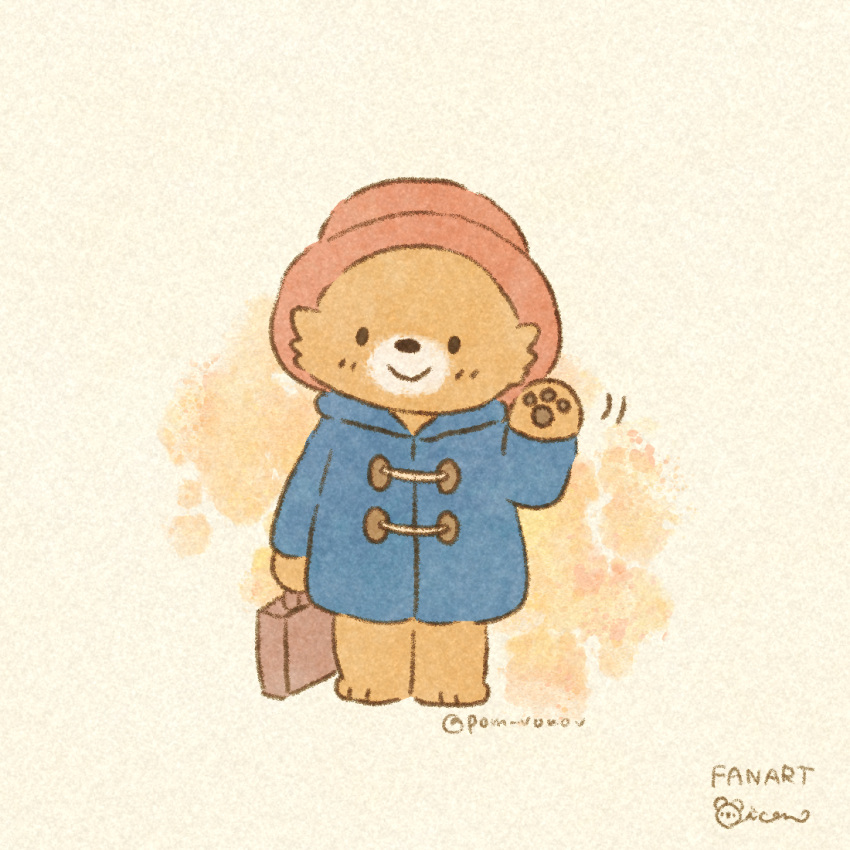 1boy bear blue_raincoat blush briefcase brown_fur full_body furry furry_male hat holding holding_briefcase mian_(user_kwcj2833) paddington paddington_bear pawpads raincoat red_headwear signature smile solid_circle_eyes twitter_username waving