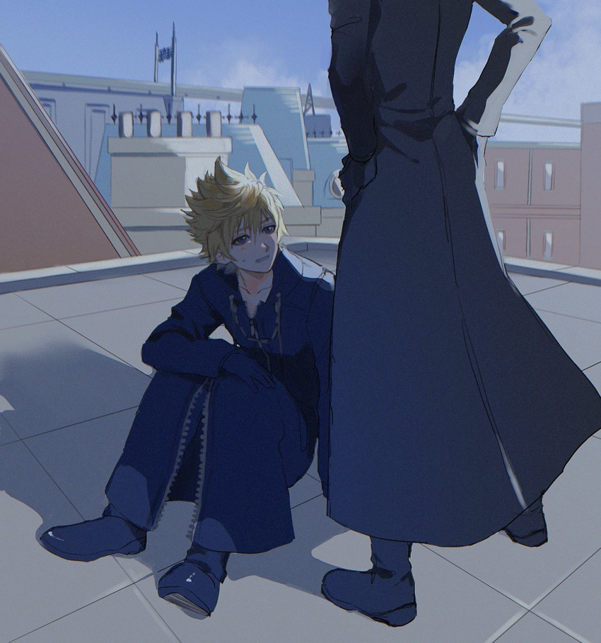 2boys architecture axel_(kingdom_hearts) black_coat black_coat_(kingdom_hearts) black_footwear black_gloves blonde_hair blue_eyes building city clenched_teeth coat elbow_on_knee evening face_in_shadow gloves hands_on_own_hips highres kingdom_hearts kingdom_hearts_358/2_days kingdom_hearts_ii long_coat male_focus messy_hair multiple_boys on_roof open_mouth outdoors railroad_tracks rooftop roxas shoes short_hair sitting sitting_on_roof spiked_hair standing standing_on_roof sweatdrop tdmmt_r teeth town window zipper