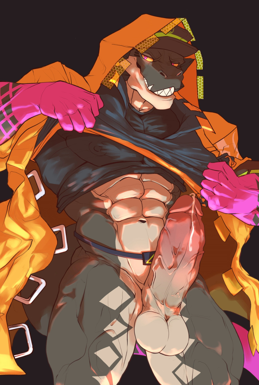 abs absurd_res anthro balls bodily_fluids bottomless clothed clothing coat erection genital_fluids genitals ggan_ggandi glowing glowing_eyes grin hastur_(tas) hi_res lifewonders male muscular muscular_anthro muscular_male navel nipples pecs penis precum scalie smile solo tokyo_afterschool_summoners topwear