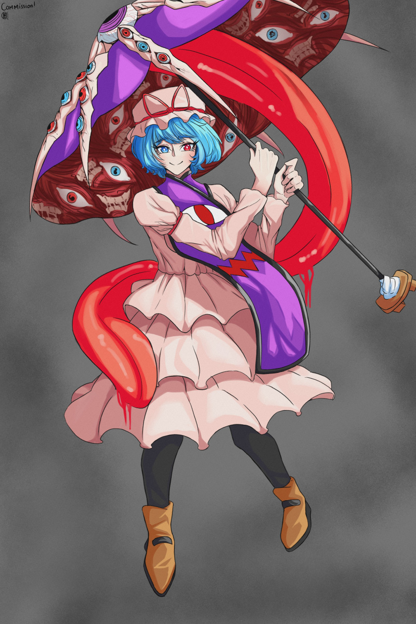 1girl absurdres black_background blue_eyes blue_hair brown_footwear closed_mouth commentary commission cosplay dress english_commentary frilled_dress frills full_body hat hat_ribbon heterochromia highres holding holding_umbrella karakasa_obake mob_cap red_eyes red_ribbon retro_(halfbaked2hu) ribbon short_hair smile solo tatara_kogasa tongue touhou umbrella white_dress white_headwear yakumo_yukari yakumo_yukari_(cosplay)